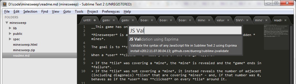 Sublime Text - Esprima Plugin Screenshot