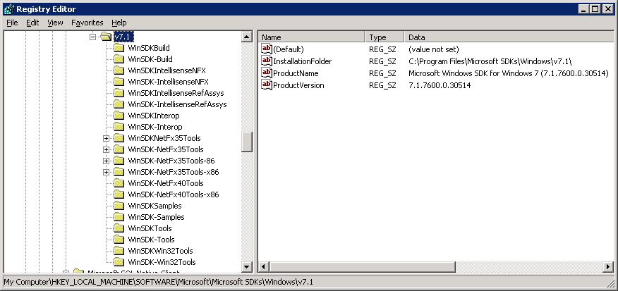 A view of the registry for the Windows SDK